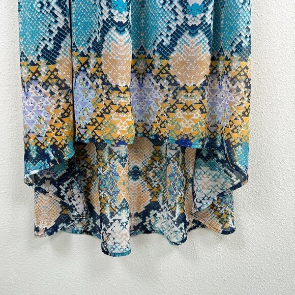 Bisou Bisou Dress Size 4 Blue Yellow Abstract Hi Low Sleeveless Elastic Waist - Picture 3 of 10